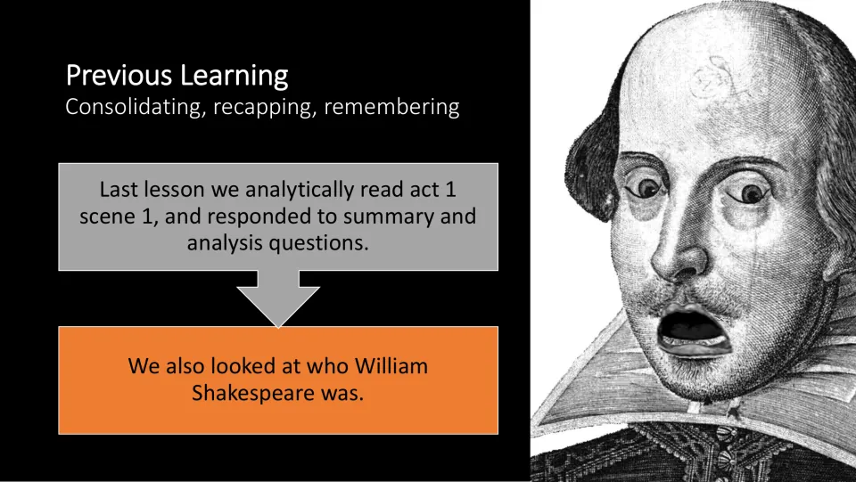 Previous learning slide reviewing Act 1 Scene 1 analysis questions and learning about William Shakespeare