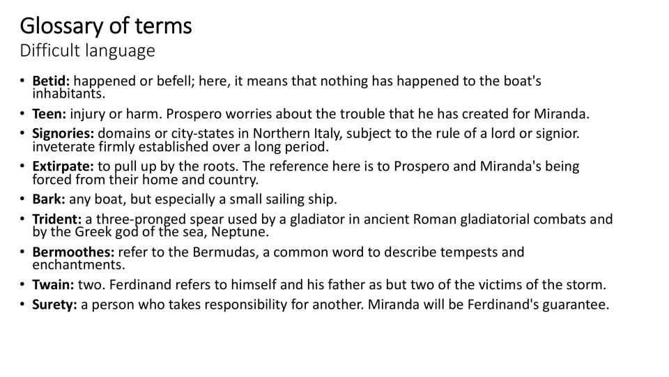 Lesson glossary defining betid, teen, signories, extirpate, bark, trident, Bermoothes, twain, and surety