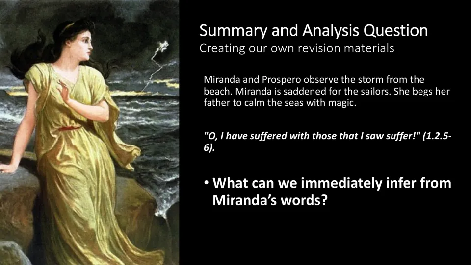Analysis slide asking what Miranda's words reveal: 'O, I have suffered with those that I saw suffer!'
