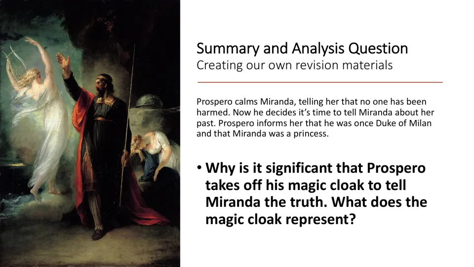 Analysis slide asking why Prospero removes his magic cloak to tell Miranda the truth and what it represents