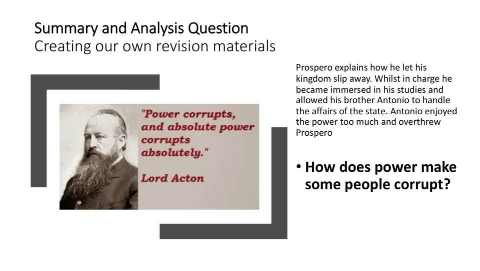 Analysis slide recounting Antonio's takeover of Prospero's rule and asking how power makes people corrupt