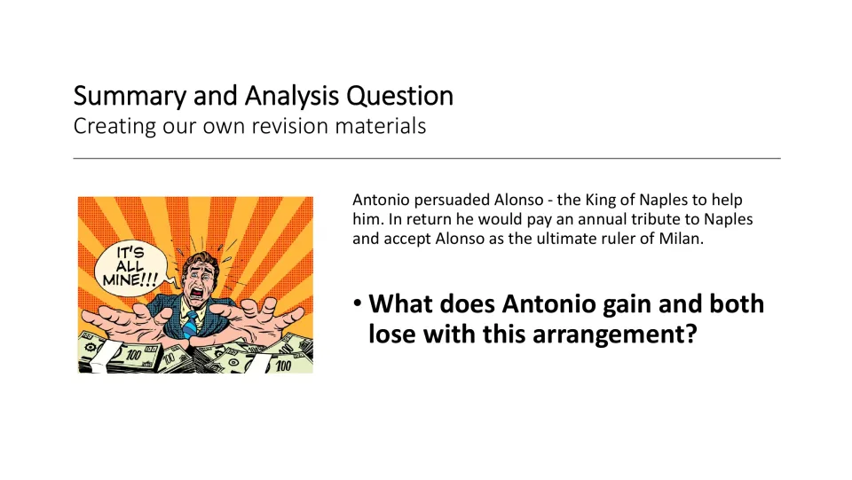 Analysis slide asking what Antonio gains and loses by promising tribute and Milan's allegiance to Alonso