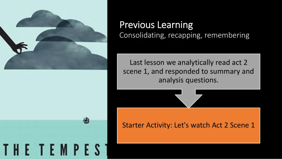 Previous learning slide recaps Act 2 Scene 1 analysis and introduces a starter activity to watch that scene