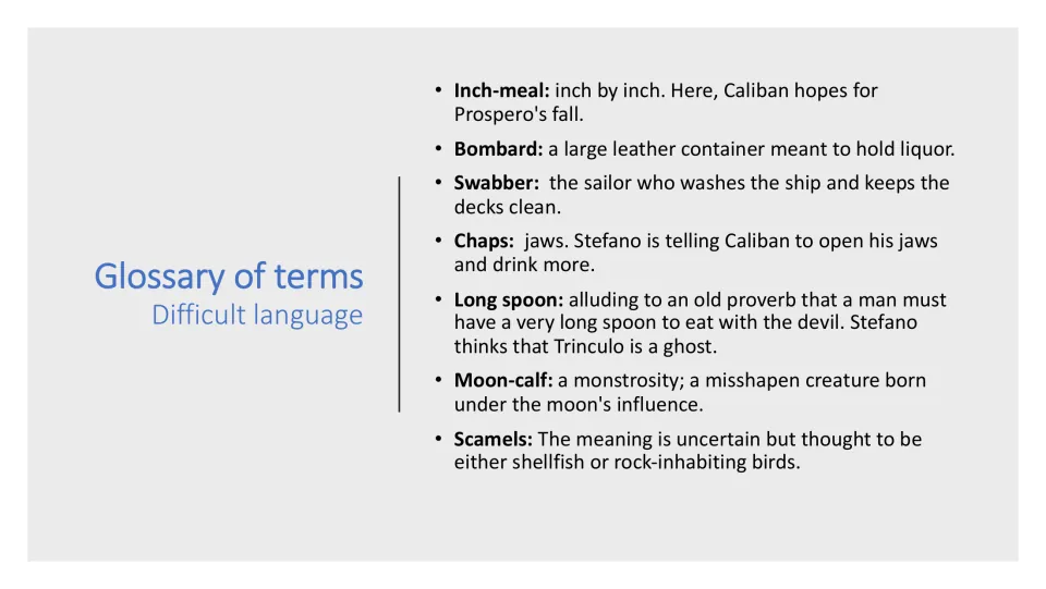 Lesson glossary defines inch-meal, bombard, swabber, chaps, long spoon, moon-calf, and scamels for reading