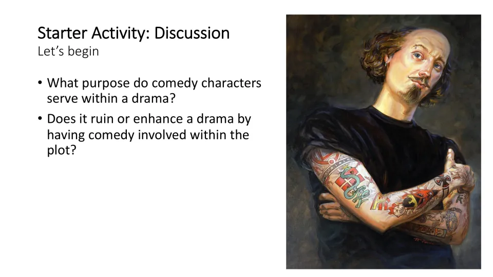 Starter discussion asks what comic characters contribute to drama and whether comedy ruins or enhances a plot
