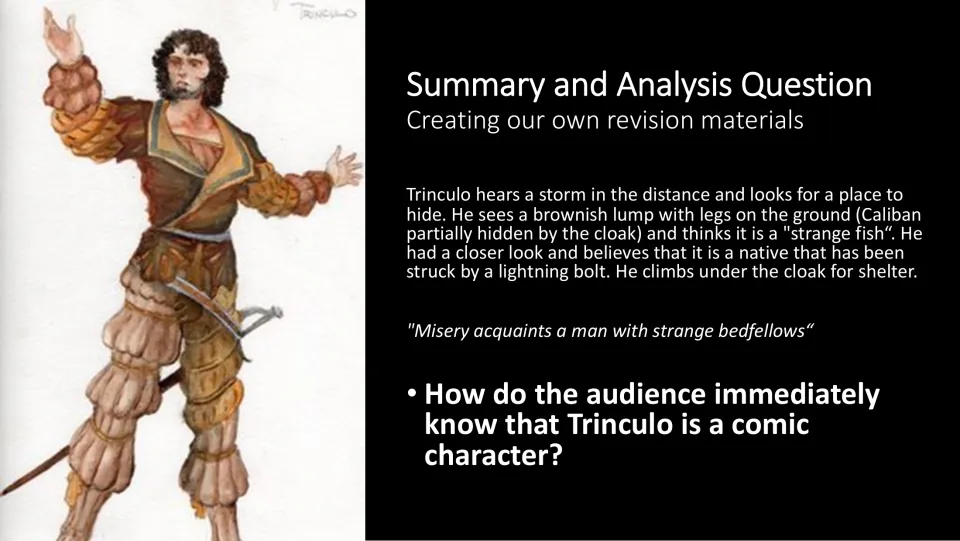Summary and analysis slide describes Trinculo hiding under Caliban's cloak and asks how he is shown as comic