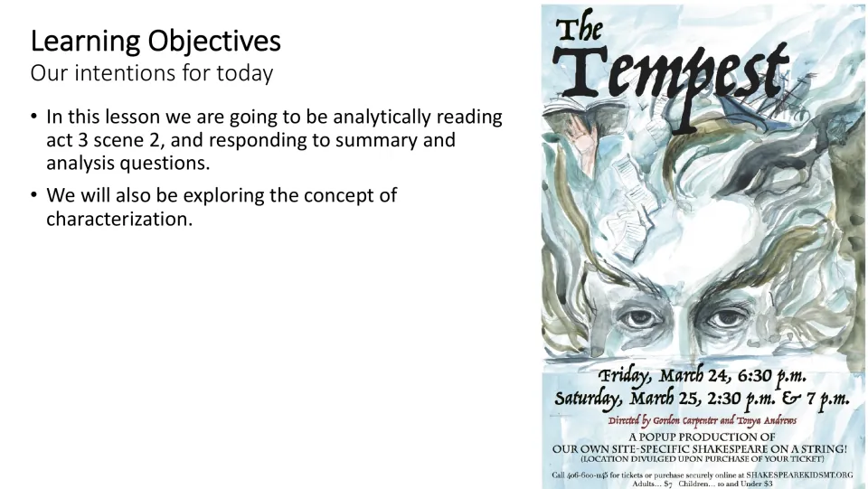 Lesson objectives: analytically read Act 3 Scene 2, answer summary and analysis questions, and study characterization