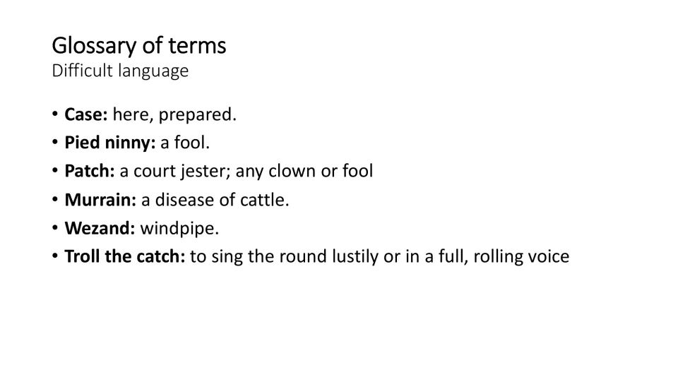 Lesson glossary defines case, pied ninny, patch, murrain, wezand, and troll the catch for the scene reading