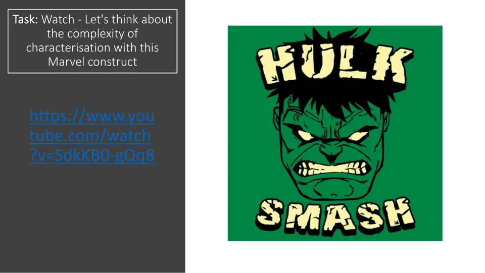 Video task asks students to consider the complexity of characterization using the Hulk, with a YouTube link