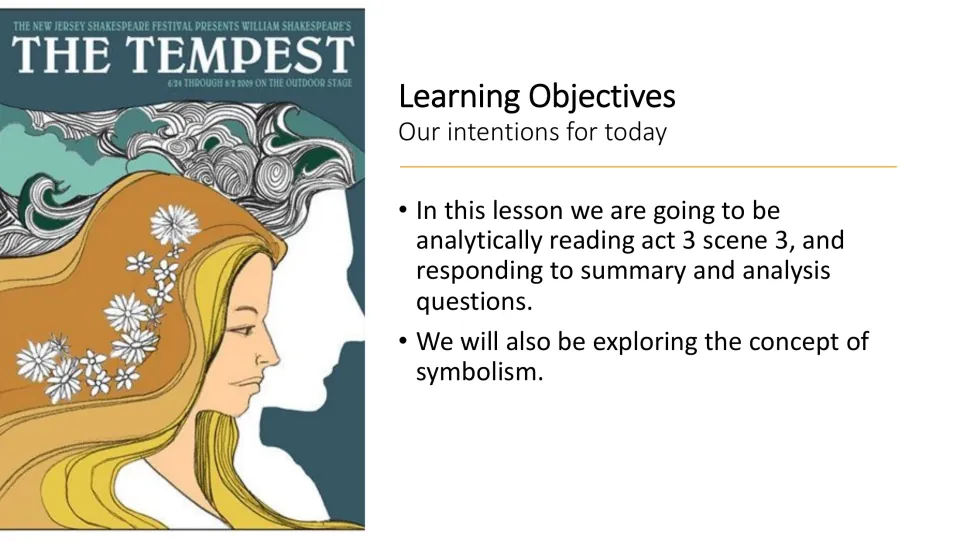 Learning objectives slide: analytically read Act 3 Scene 3, answer questions, and explore symbolism