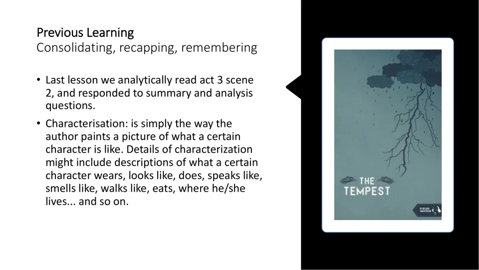 Previous learning slide reviewing Act 3 Scene 2 and defining characterization through character details