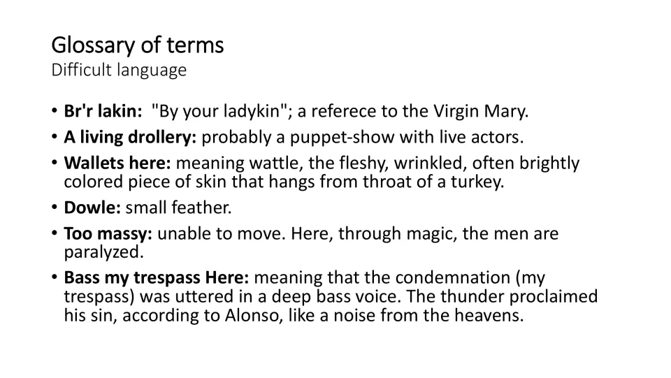Scene vocabulary glossary defining six expressions, including 'A living drollery,' 'Dowle,' and 'Too massy'
