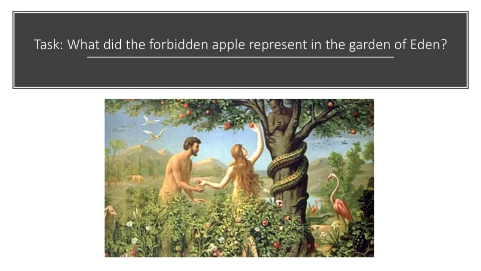 Symbolism task slide asking what the forbidden apple represented in the Garden of Eden, with Adam and Eve