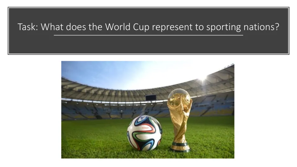 Symbolism task slide asking what the World Cup represents to sporting nations, with a trophy and soccer ball
