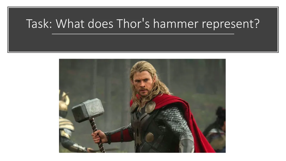 Symbolism task slide asking what Thor's hammer represents, illustrated by Thor holding the hammer