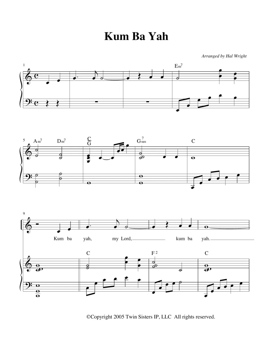 Kum Ba Yah vocal and piano score arranged by Hal Wright: piano intro in C, then first verse lyrics, measures 1-12