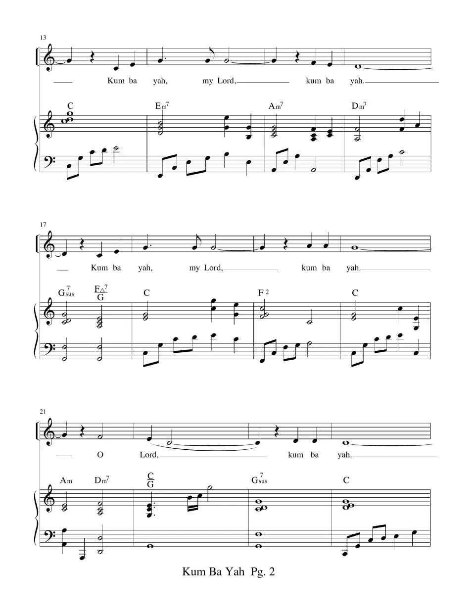 Song score, measures 13-24: 'my Lord' verse repeats and ends 'O Lord', with piano part and chord symbols Em7, Am7, Dm7