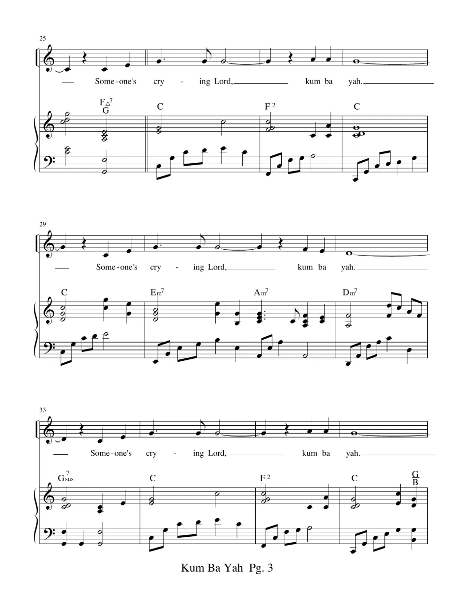 Song score, measures 25-36: verse with lyrics 'Someone's crying, Lord' sung three times over C, F2 and Gsus7 chords