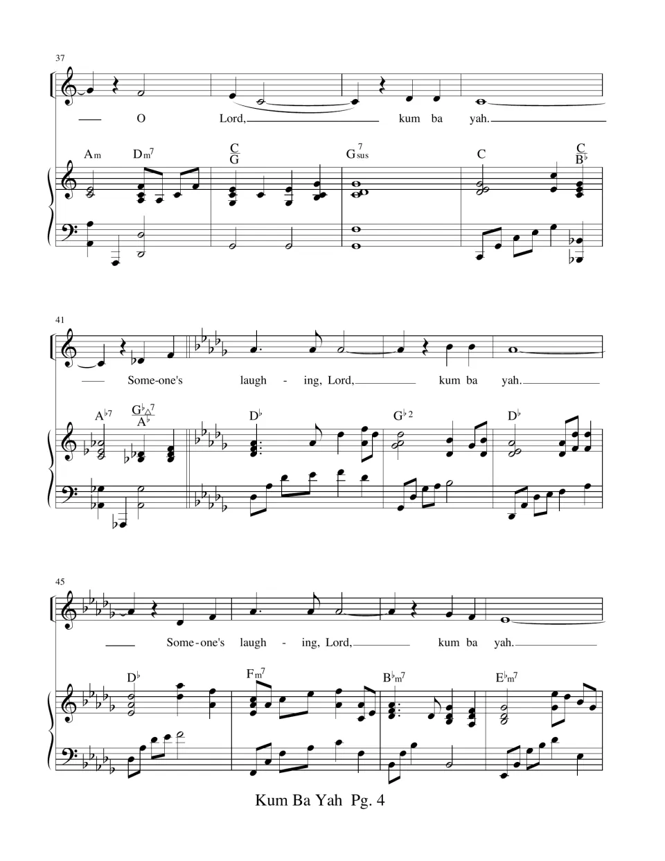 Song score, measures 37-48: 'O Lord' ending, then a key change to D-flat major for the 'Someone's laughing, Lord' verse