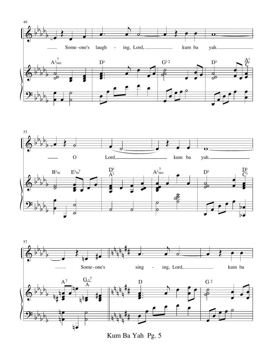 Song score, measures 49-59: 'laughing' verse closes in D-flat, modulates to D major as 'Someone's singing, Lord' begins