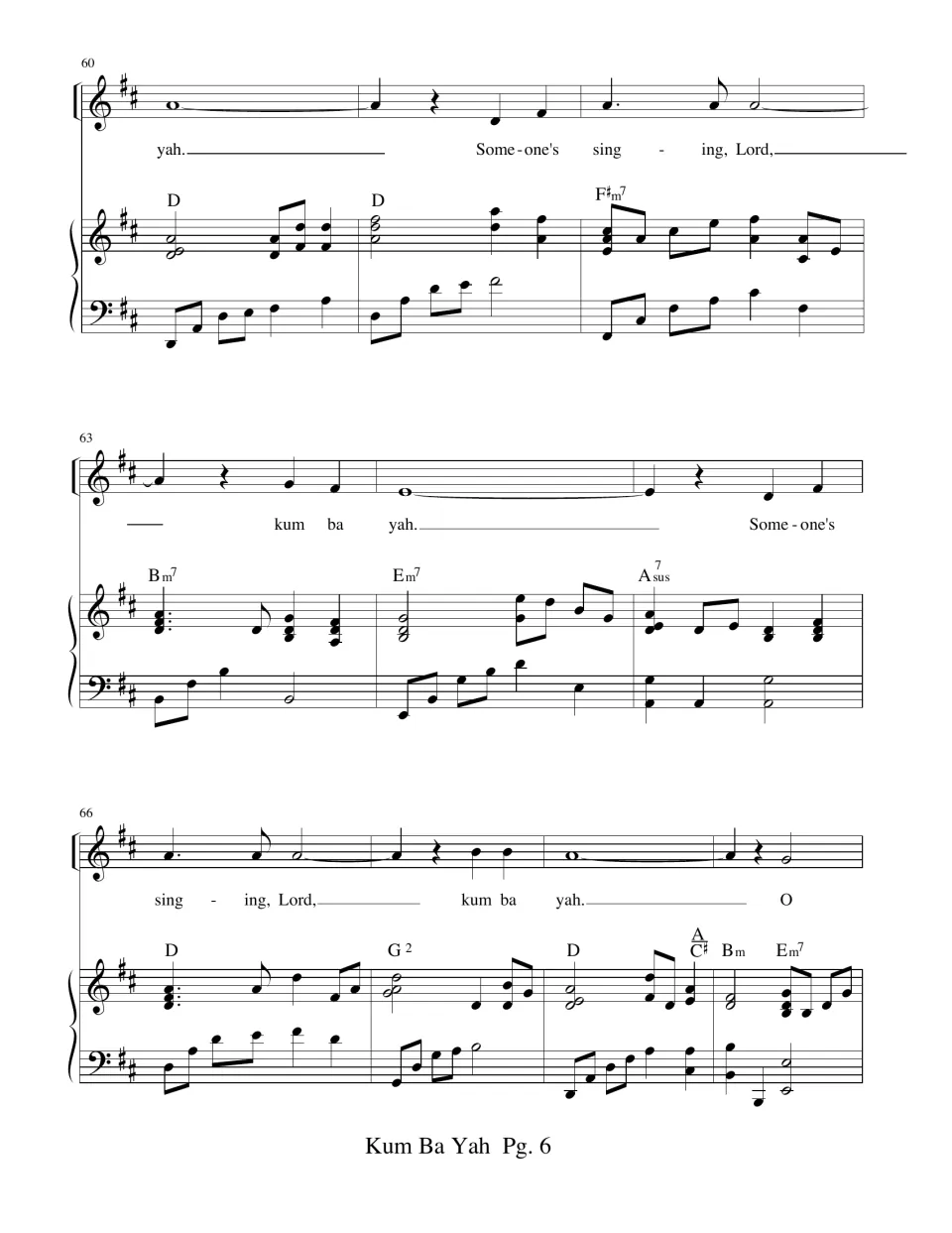 Song score, measures 60-69 in D major: 'Someone's singing, Lord' verse repeats with piano chords D, Bm7 and Em7