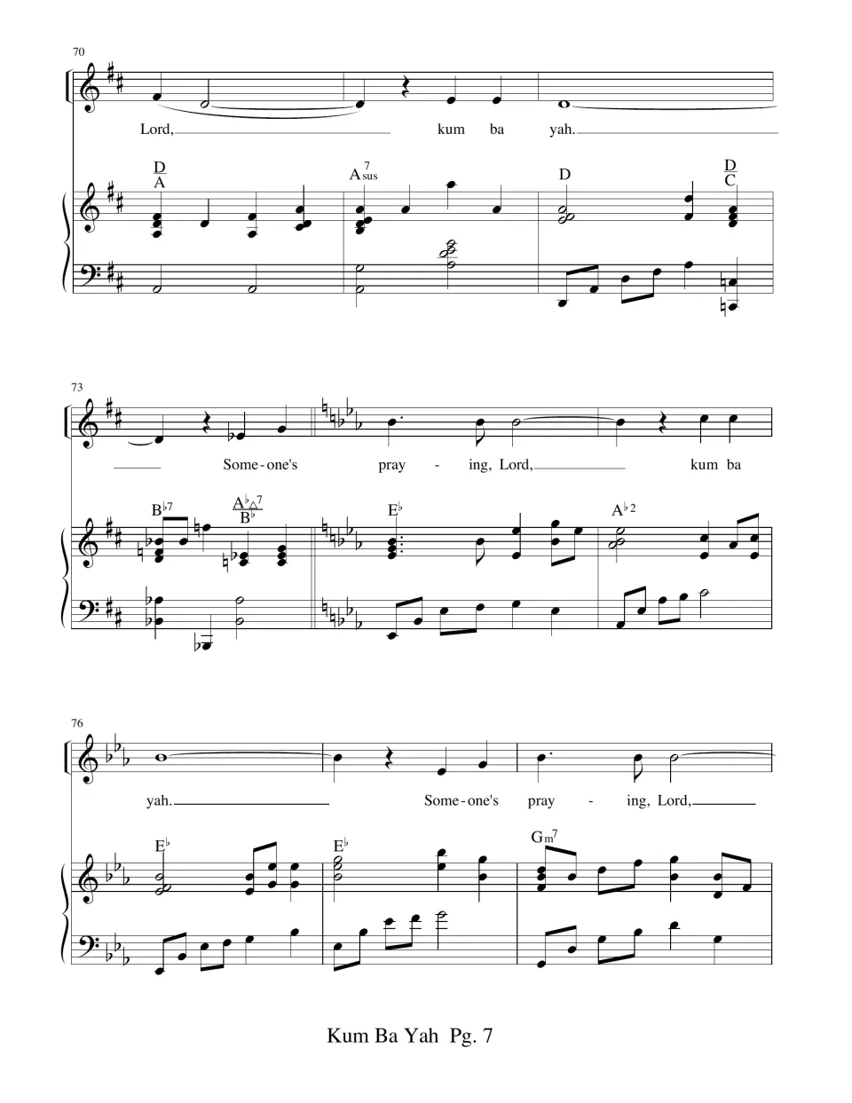 Song score, measures 70-78: 'singing' verse ends, then a modulation to E-flat major for the 'Someone's praying, Lord' verse