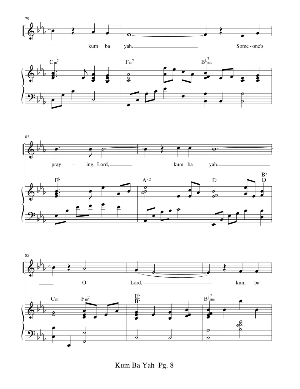 Song score, measures 79-87 in E-flat: 'Someone's praying, Lord' verse continues into the closing 'O Lord' phrase