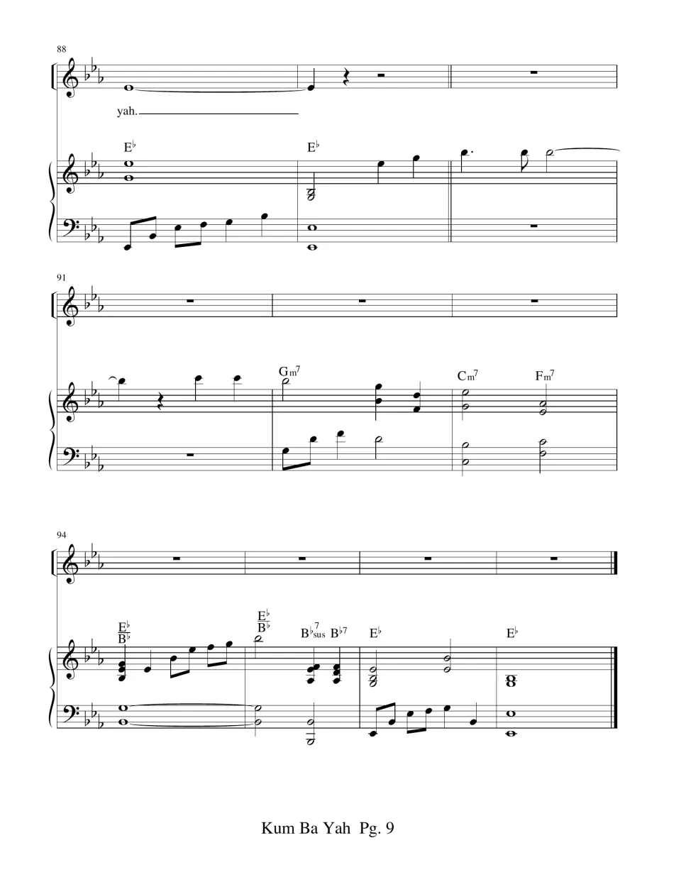 Song score ending, measures 88-97: final 'yah' is held, then the piano plays a solo outro in E-flat while the voice rests
