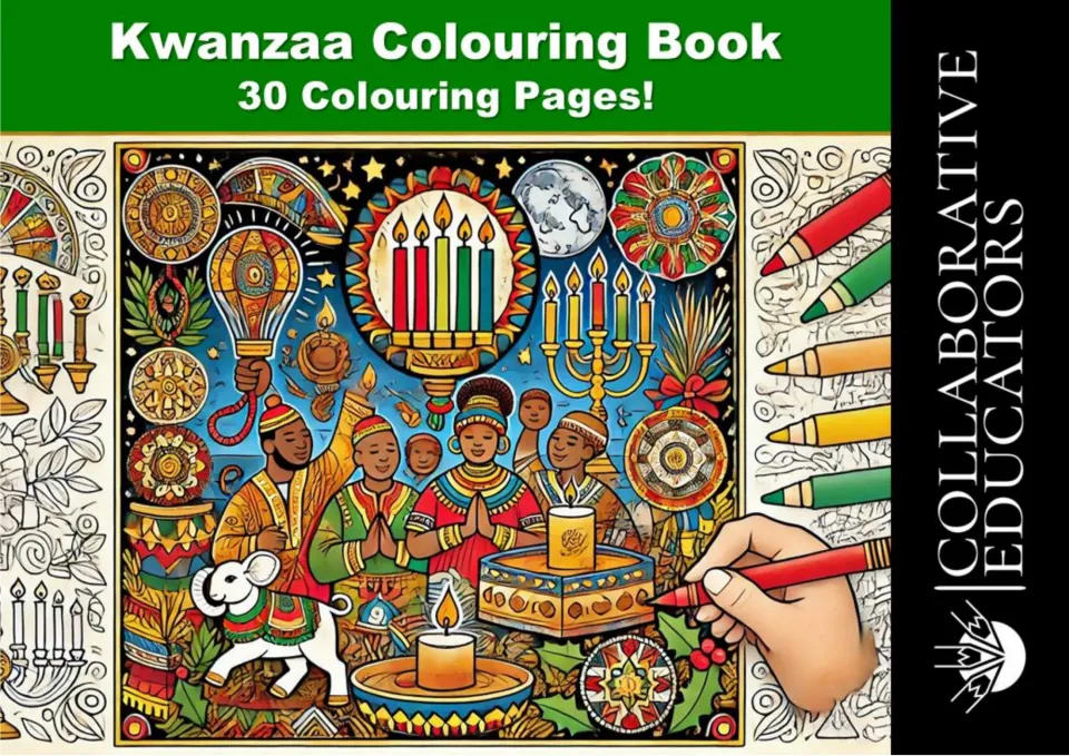 Kwanzaa coloring book cover announcing 30 coloring pages, with people, candles, drums, and colored pencils