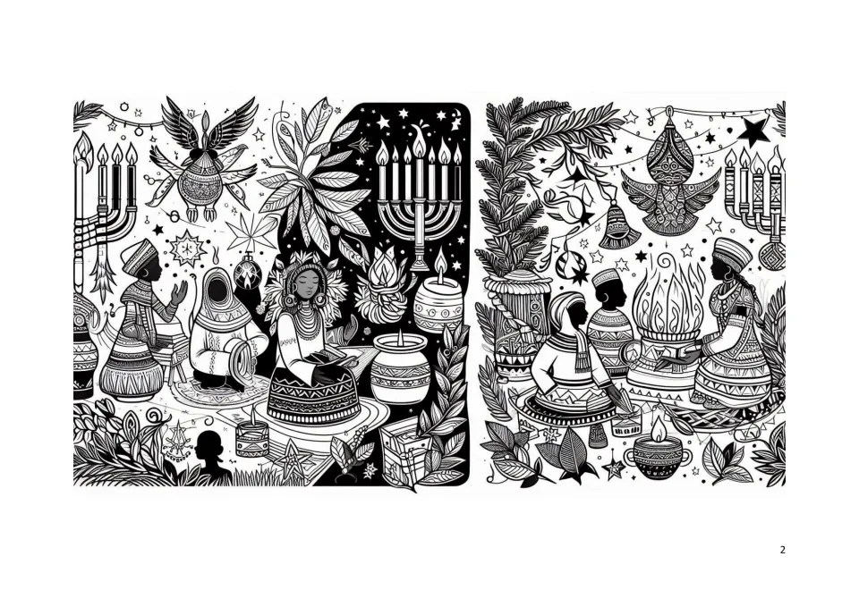 Kwanzaa coloring book page 2: two scenes of people gathered near candles, patterned vessels, and plants