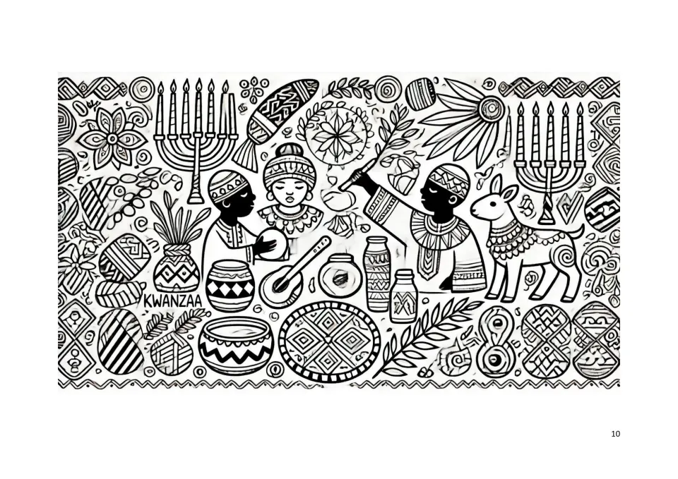 Kwanzaa coloring book page 10: three people, a goat, candles, bowls, instruments, and the word Kwanzaa
