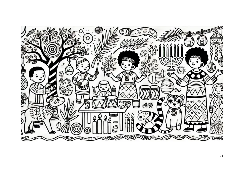 Kwanzaa coloring book page 11: people playing drums and a stringed instrument among candles and animals