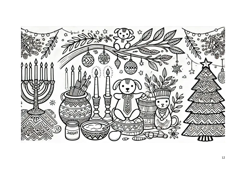 Kwanzaa coloring book page 12: toy animals, candles, a jar of brushes, hanging ornaments, and a patterned tree