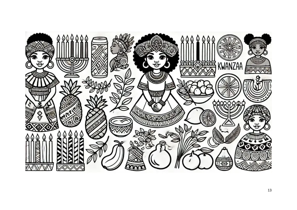 Kwanzaa coloring book page 13: figures in patterned clothing, candleholders, fruit, and the word Kwanzaa