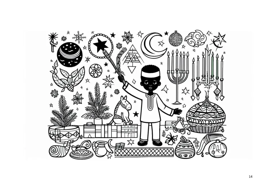 Kwanzaa coloring book page 14: a child holding a leafy branch beside candles, gifts, vessels, and plants