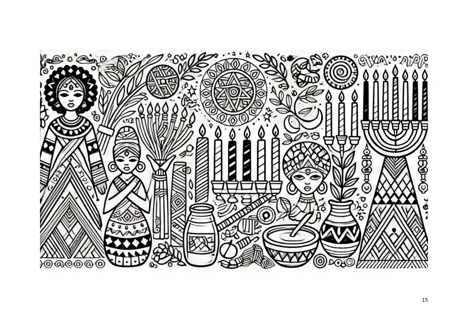 Kwanzaa coloring book page 15: figures in patterned clothing surrounded by candles, vessels, and a bowl