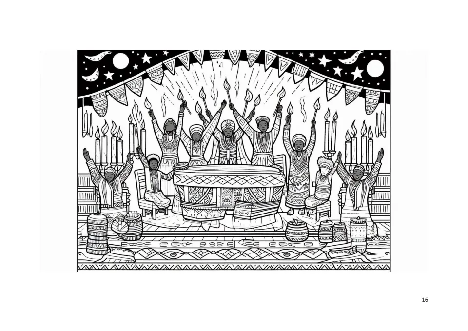 Kwanzaa coloring book page 16: a group raising candles around a large drum beneath hanging pennants