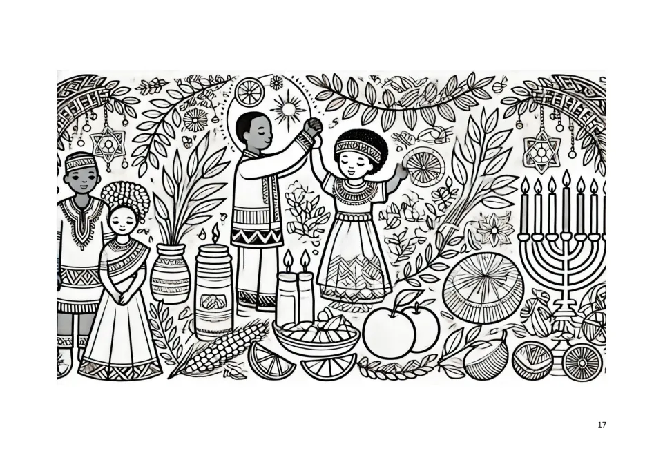 Kwanzaa coloring book page 17: people raising joined hands near candles, corn, fruit, and leafy branches