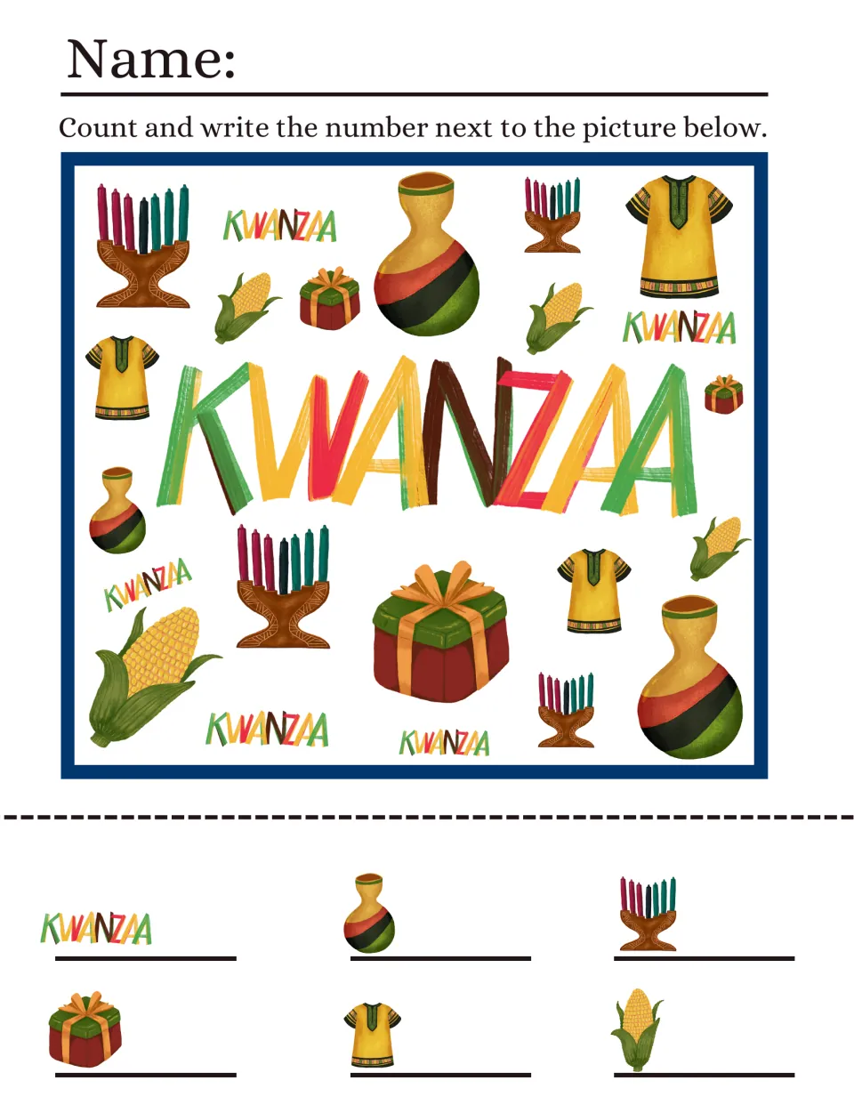 Kwanzaa counting sheet 1: find and count Kwanzaa words, gourds, candleholders, gifts, shirts, and corn.