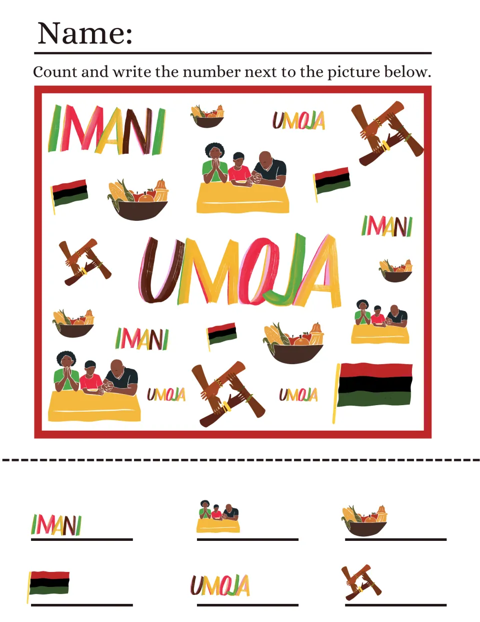 Kwanzaa counting sheet 2: count Imani and Umoja words, families, harvest bowls, flags, and joined hands.
