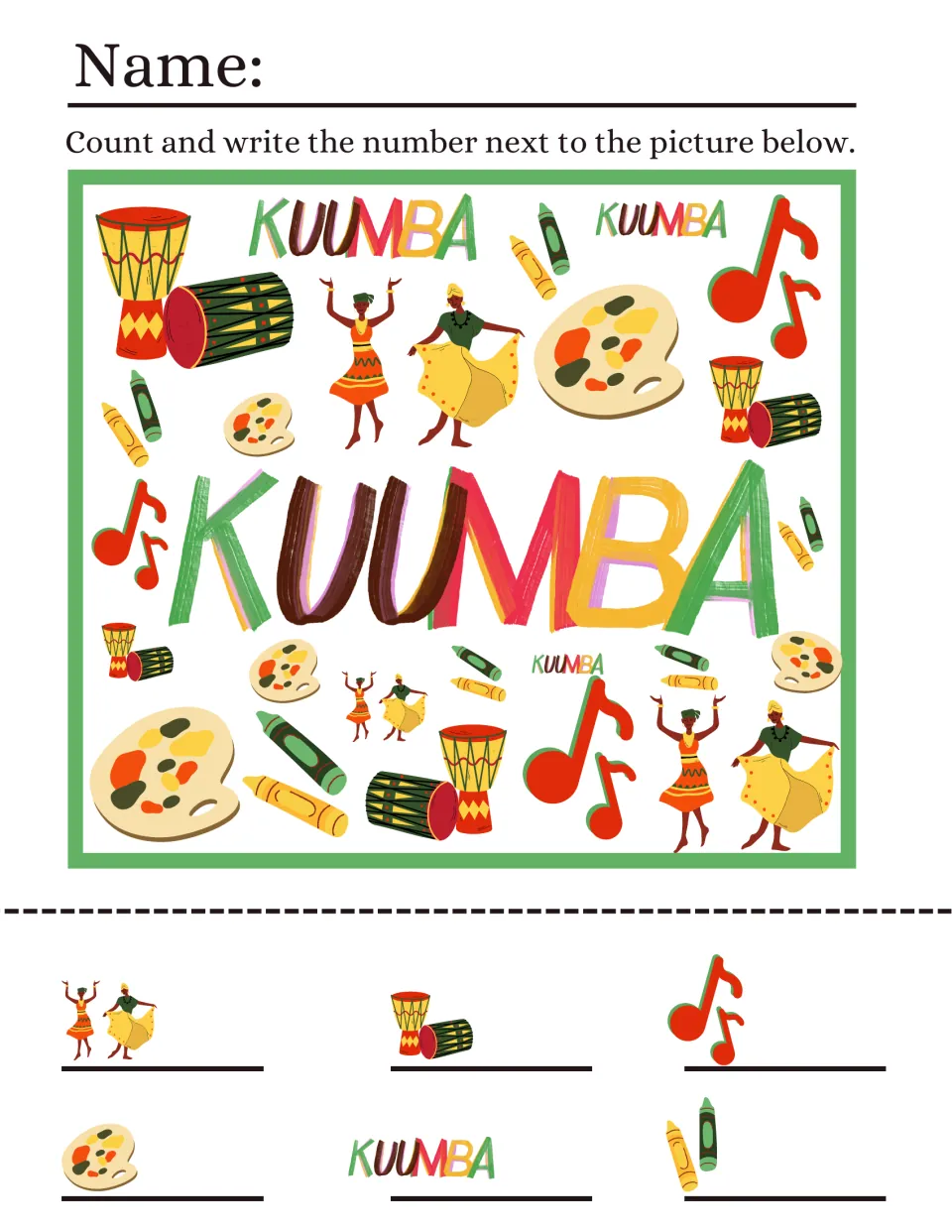 Kwanzaa counting sheet 3: count dancers, drums, musical notes, paint palettes, Kuumba words, and crayons.