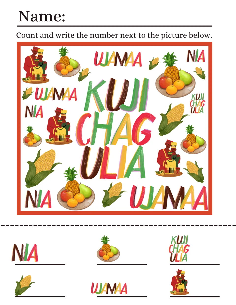 Kwanzaa counting sheet 4: count Nia, Ujamaa, and Kujichagulia words, fruit platters, corn, and couples.