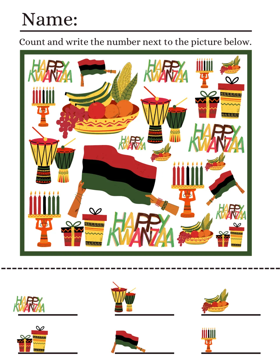 Kwanzaa counting sheet 5: count Happy Kwanzaa greetings, drums, fruit baskets, gifts, flags, and candles.