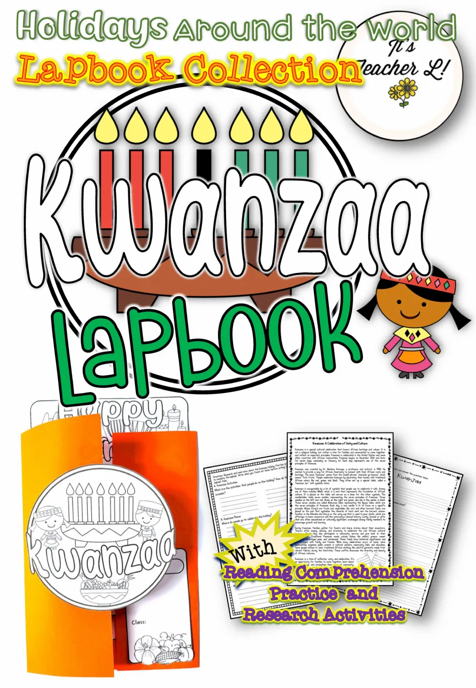 Kwanzaa lapbook resource cover showing the assembled project and reading comprehension and research activities