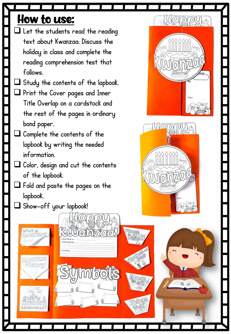 Kwanzaa lapbook instructions for reading, answering questions, printing, writing, coloring, cutting, and assembly