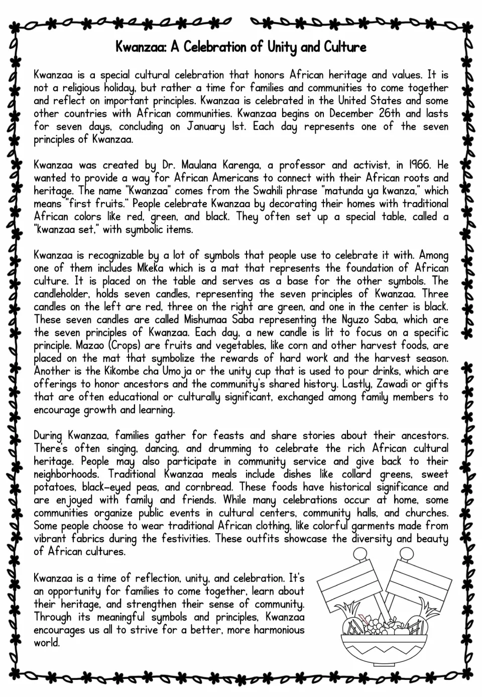 Kwanzaa reading passage explaining the holiday's origins, dates, symbols, foods, clothing, and celebrations