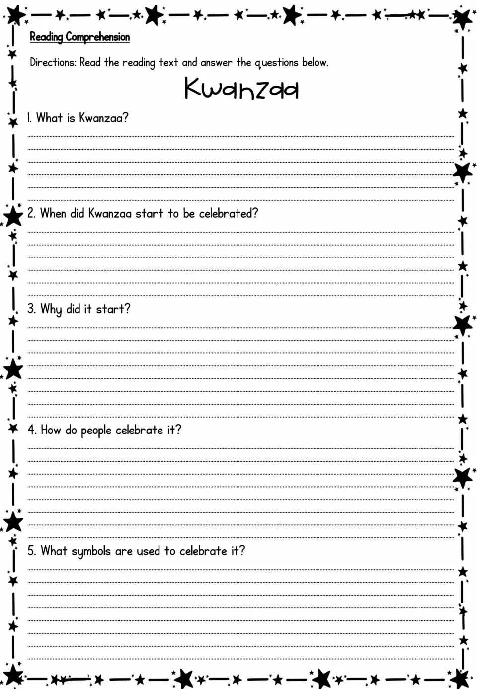 Kwanzaa reading comprehension activity asking five questions about its meaning, origins, celebrations, and symbols
