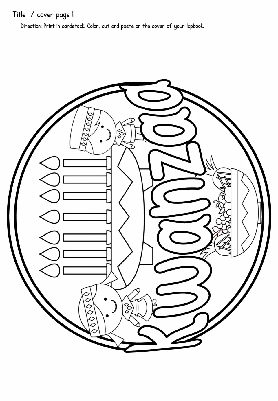 Kwanzaa lapbook front cover template to color and cut, featuring seven candles, two children, and a harvest bowl