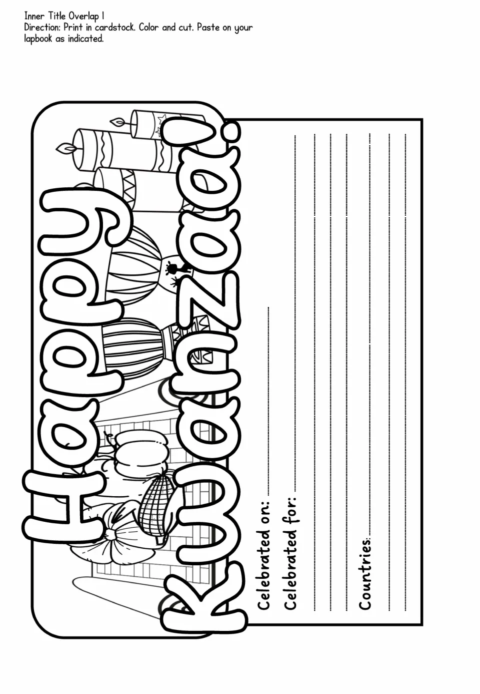 Kwanzaa lapbook inner title cutout reading Happy Kwanzaa, with prompts for celebration dates, purpose, and countries