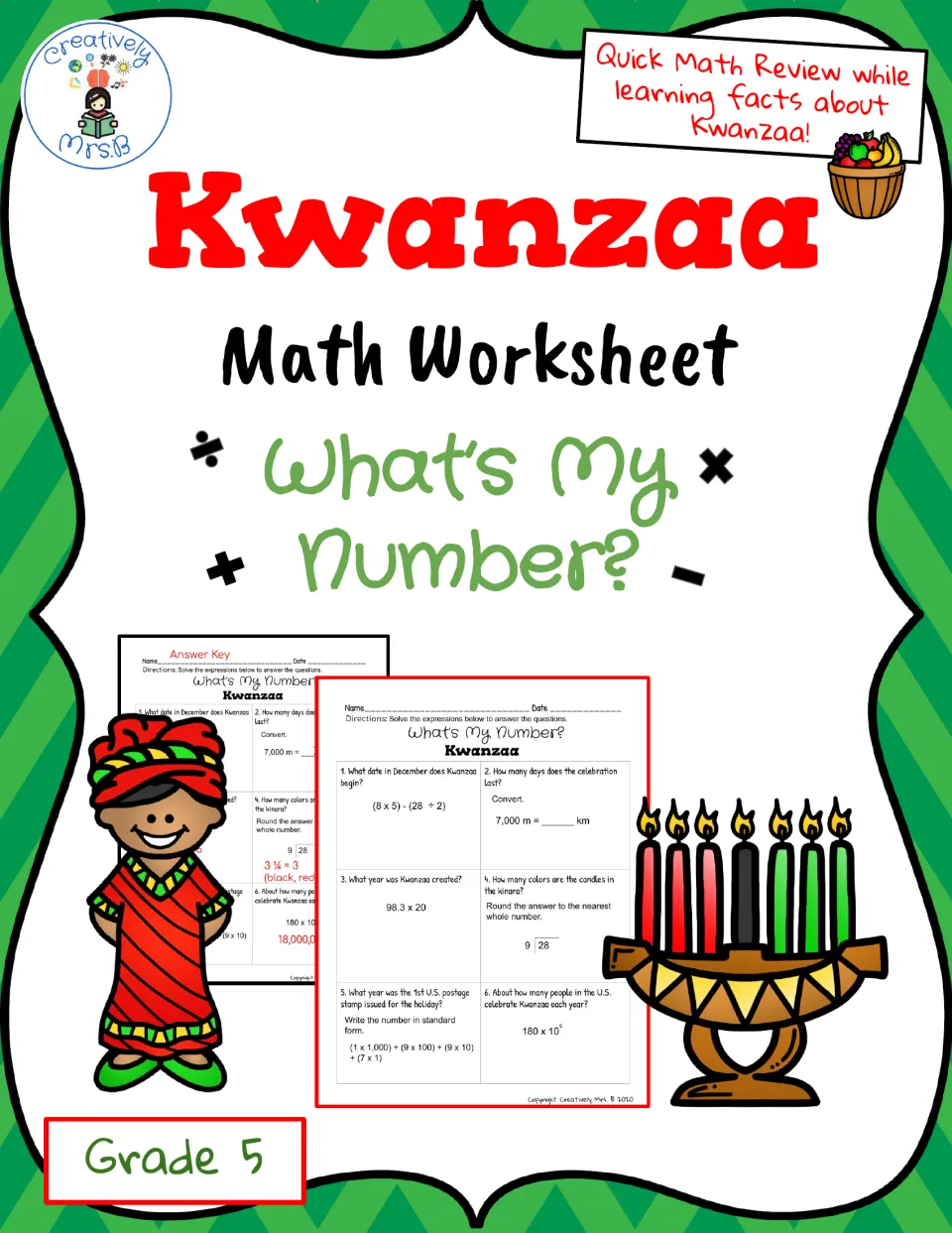 Cover of the fifth-grade Kwanzaa math resource, titled 'What's My Number?', with worksheet and answer-key previews